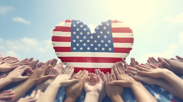 米国独立記念日のアメリカ国旗パターンの空に隔離された人間の手の愛の形 AI