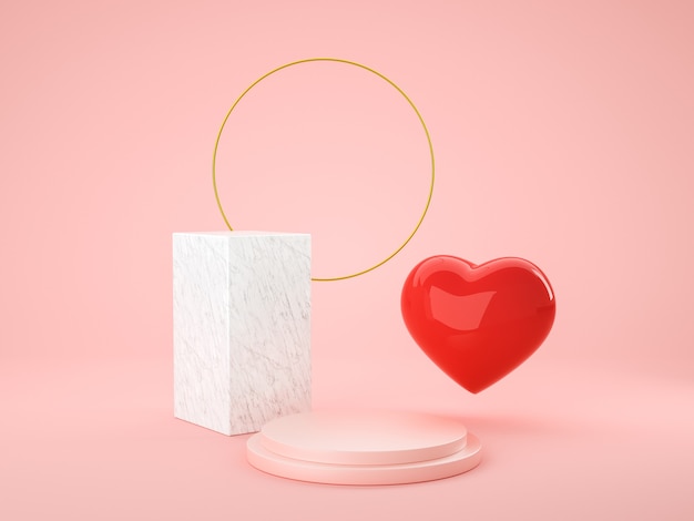 Heart love symbol 3d and geometry podium for display product, present and advertising. 3D rendering