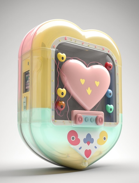 A heart machine with a yellow and pink button and a yellow heart on it.