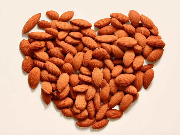 A heart made of almonds is shown on a beige background