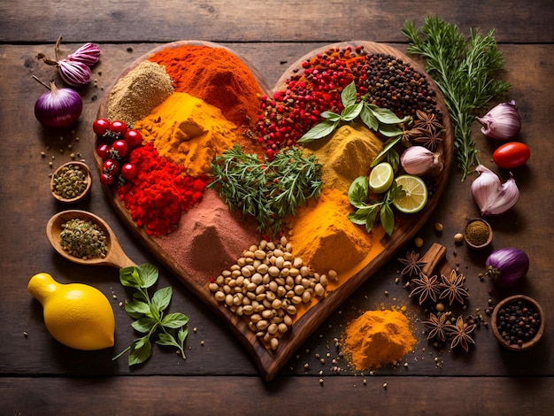 A heart made of an array of colorful spices and herbs suggesting a love for cooking and natural in