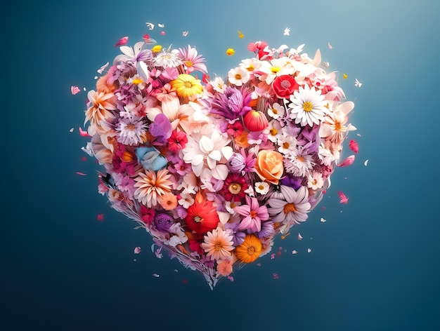 Heart made of beautiful flowers on colorful background Bouquet of flowers in the shape of a heart Ai generative