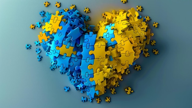 파란색과 노란색 퍼즐 조각으로 만든 심장 세계 다운 증후군 날의 개념적 배경