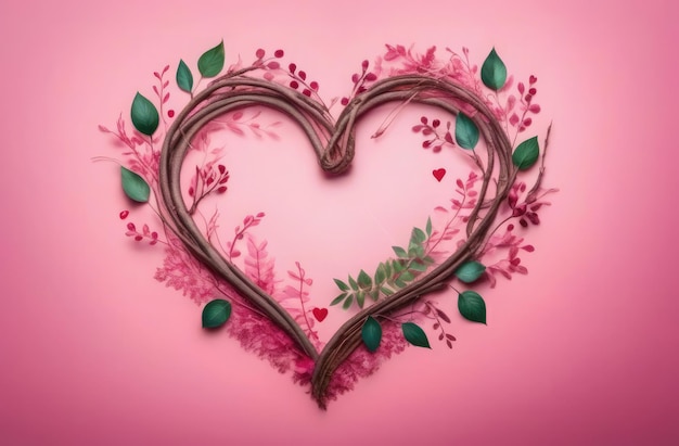 Heart made of branches and plant leaves on contrast pink background Valentines Day