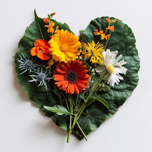 A heart made of bright flowers and leaves Top view