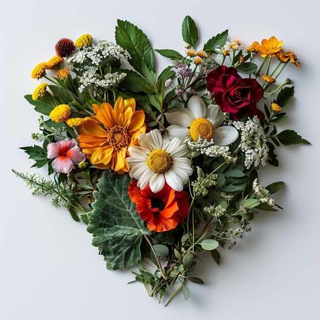 A heart made of bright flowers and leaves Top view