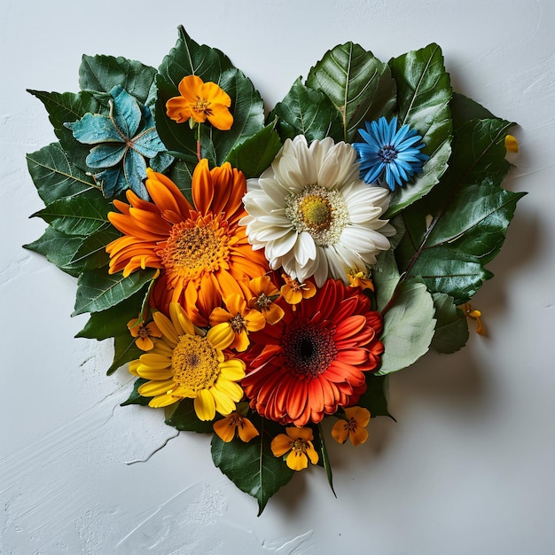 A heart made of bright flowers and leaves Top view