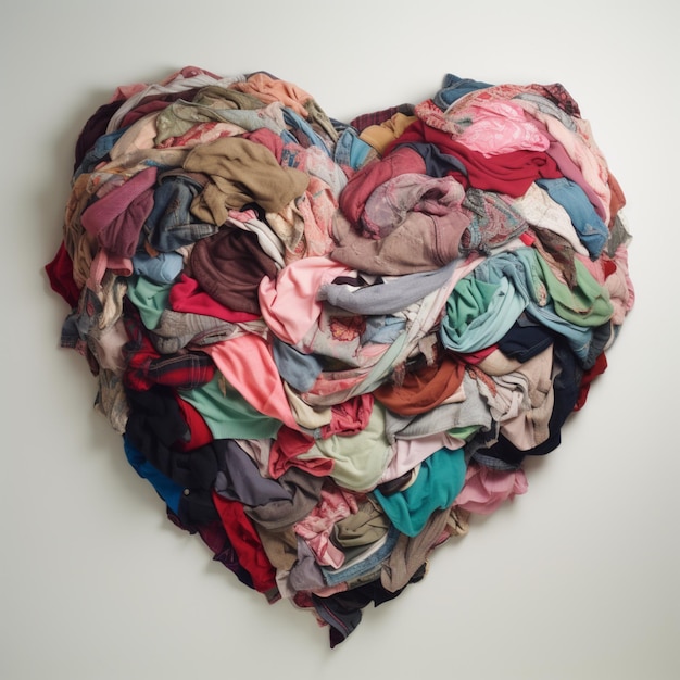 A heart made of clothes is on a white wall.