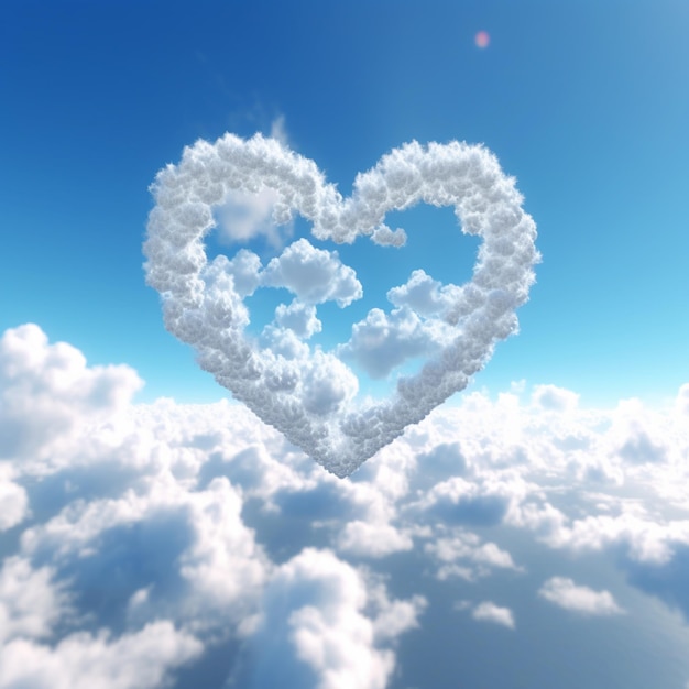 青空の背景の 3 d イラストレーションに雲で作られた心
