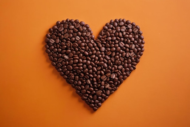 Heart made of coffee beans on orange