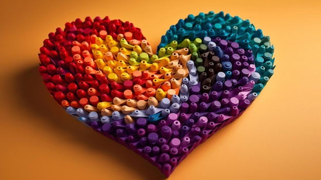 a heart made of colored plastic beads is made by the be