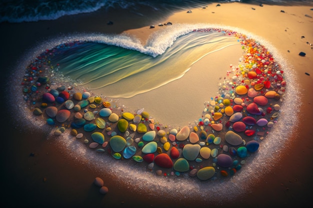 A heart made of colorful stones is surrounded by a wave.