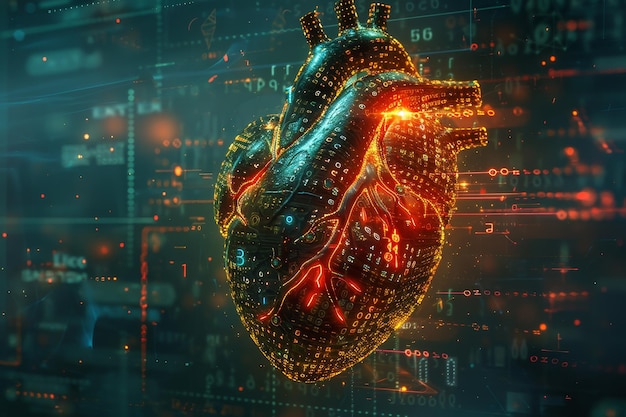 A heart made of computer code is lit up with red and orange