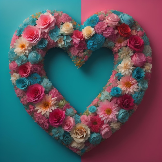 A heart made of flowers is on a pink and blue background