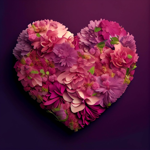 A heart made of flowers is on a purple background