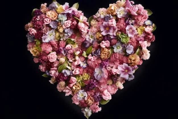 A heart made of flowers is shown with the word love on it.