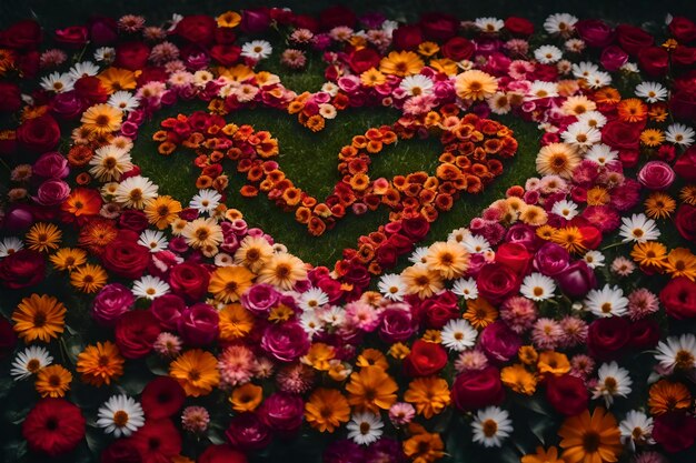 Photo a heart made of flowers is surrounded by a green background.