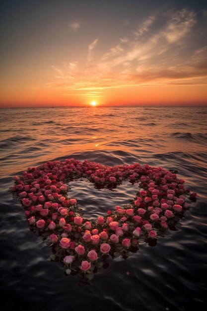 A heart made of flowers is surrounded by water and the sun is setting.