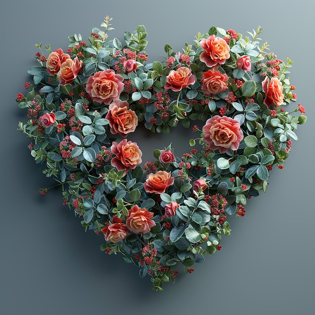 a heart made of flowers and leaves on a gray background