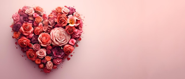Heart made of flowers on a pink pastel background