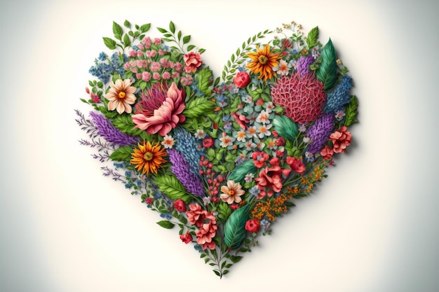 Heart made of flowers on white background Generative Ai