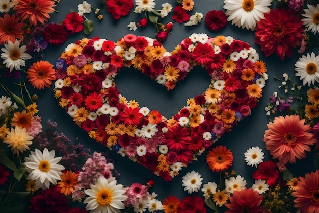 Photo heart made of flowers with a heart that says love.