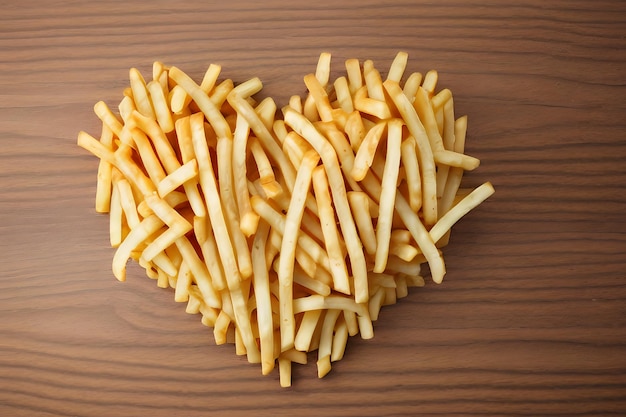 Heart made of french fries on a wooden background