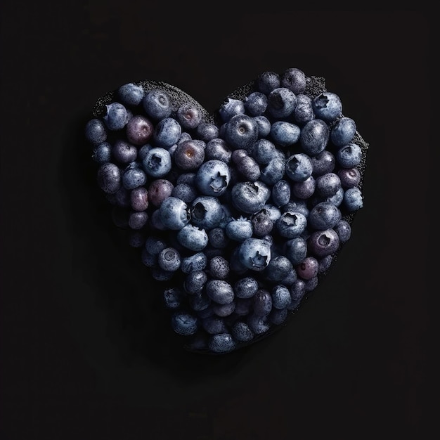 Heart made of fresh blueberry isolated on black background