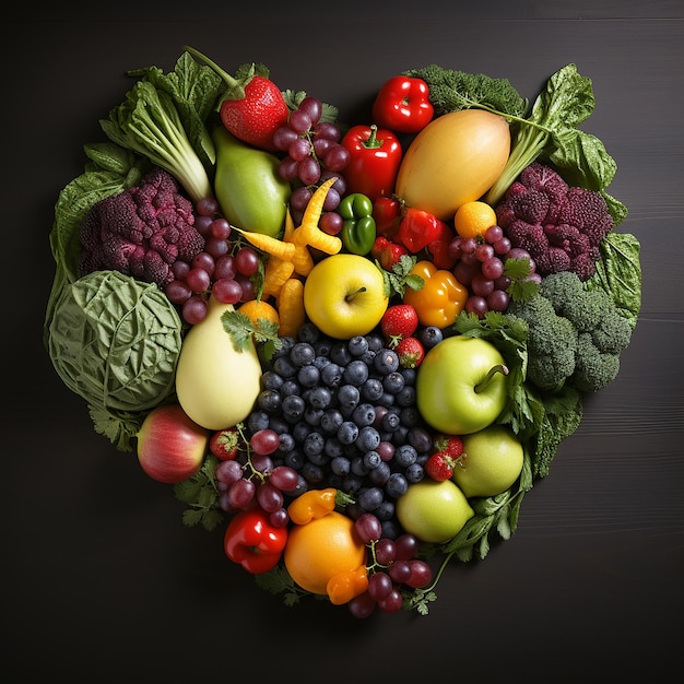 a heart made of fruits and vegetables including broccoli, apples, and pears.
