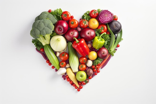 a heart made of fruits and vegetables including broccoli lettuce and tomatoes