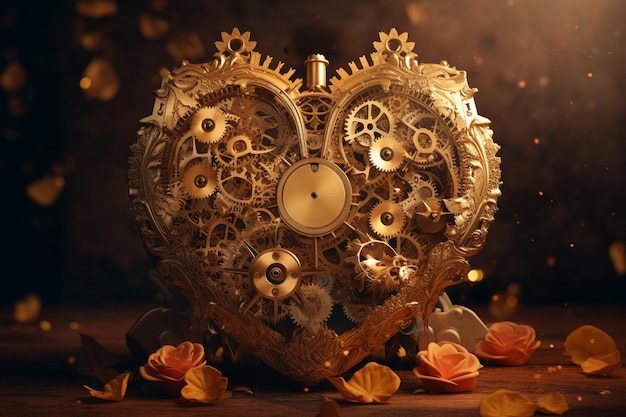 A heart made of gears and a clock is on a table.