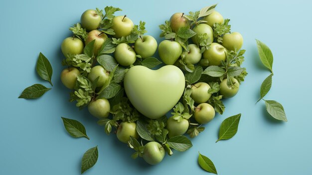 Photo heart made of green apples and green leaves on blue background top view