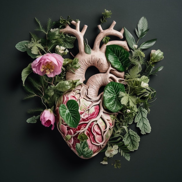 A heart made of leaves and flowers is on a black background.