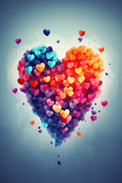 Сердце из множества разноцветных сердечек окружено синим фоном.