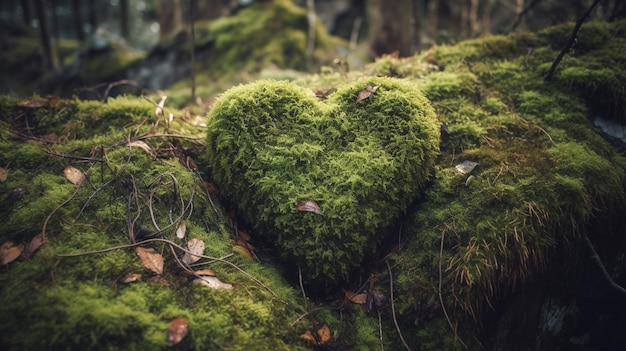 A heart made of moss is placed on a mossy forest floor.