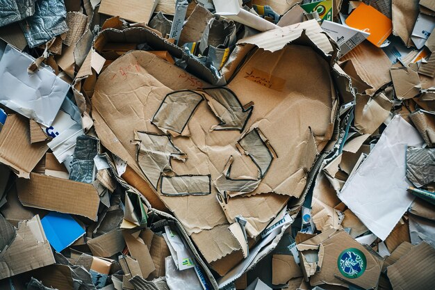 A heart made out of cardboard with a recycle symbol on it