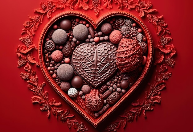 a heart made out of chocolate on red background