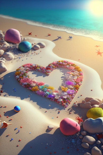 Premium Photo | Heart made out of flowers on a beach generative ai