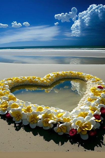 Heart made out of flowers on a beach generative ai