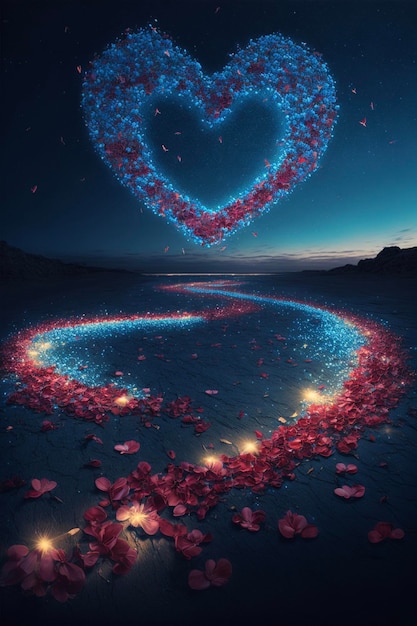 Heart made out of petals on a beach generative ai