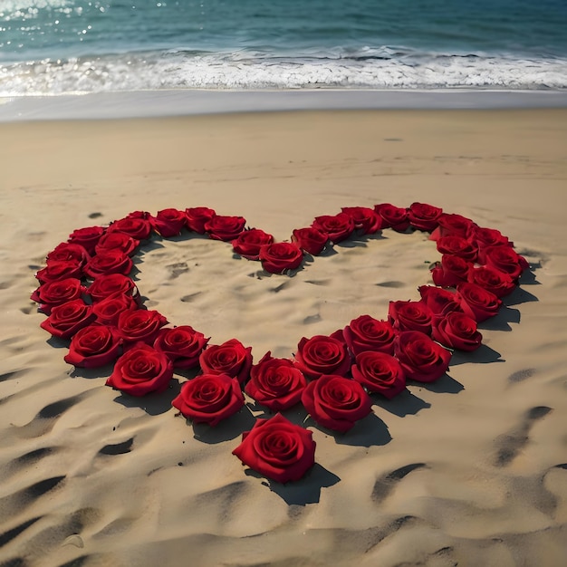 Photo heart made out of roses on the beach