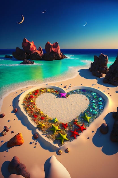 Heart made out of starfishs on a beach generative ai