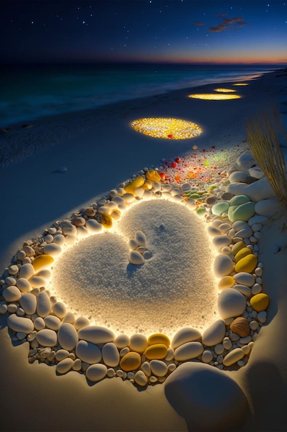 Heart made out of stones on a beach at night generative ai