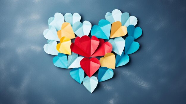 a heart made of paper boats with a red and blue heart