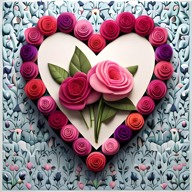 A heart made of paper with pink roses in the middle.