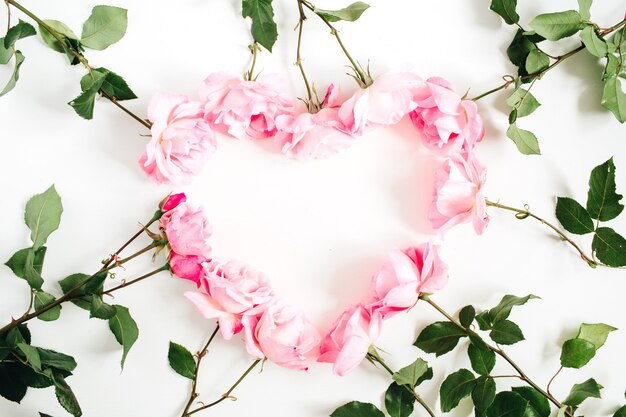 Heart made of pink roses on white