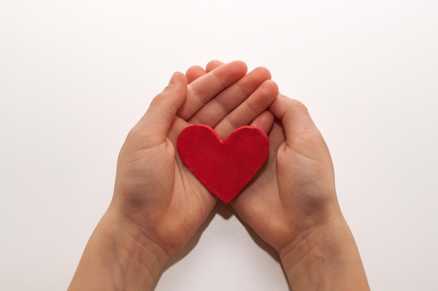 A heart made of plasticine in children's palms on a white background