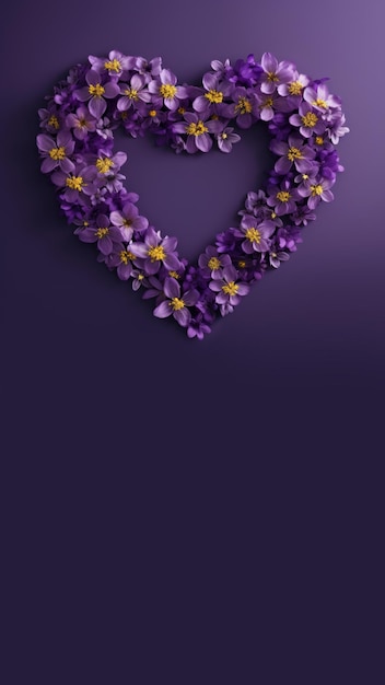 A heart made of purple flowers on a purple background Digital image Copyspace place for text