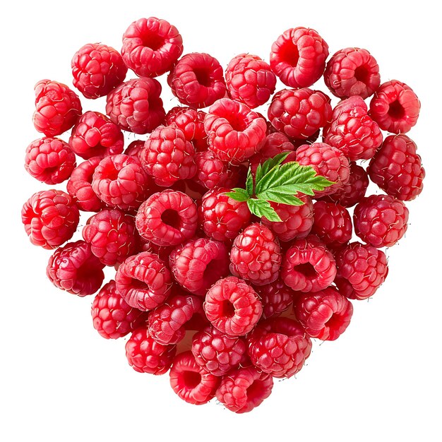 a heart made of raspberries with a green leaf on top