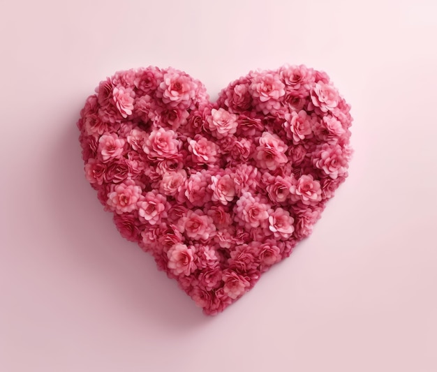 heart made of red rose flowers flat clean pink background